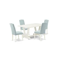 East West Furniture 5-Pc Dining Room Table Set- 4 Parson Chairs with Baby Blue Linen Fabric Seat and Button Tufted Chair Back