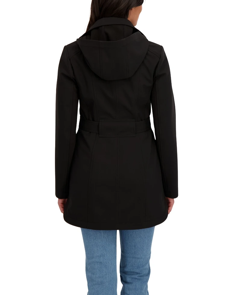 Sebby Collection Women's Belted Double Breasted Soft Shell Trench Coat With Detachable Hood
