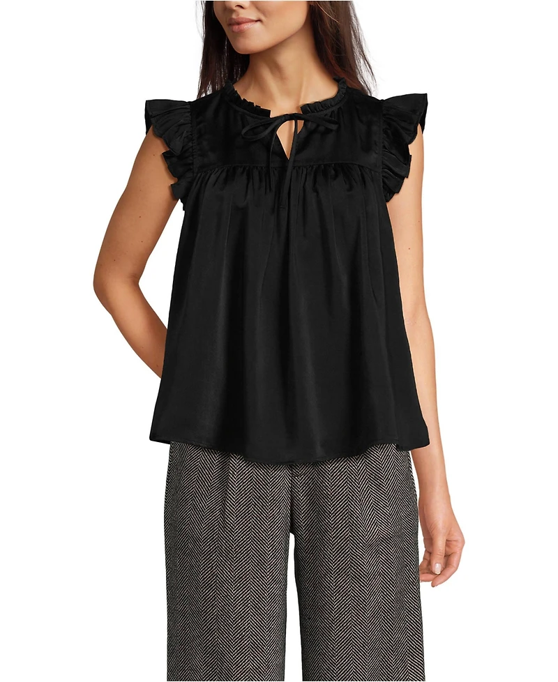 Lands' End Women's Split Neck Satin Ruffle Blouse