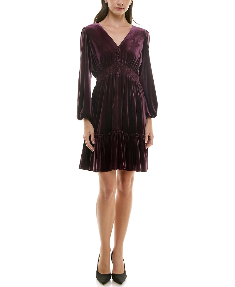Taylor Petite V-Neck Long-Sleeve Smocked-Waist Velvet Dress
