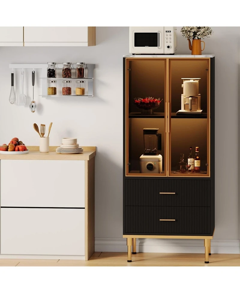Fluted Glass Door Storage Cabinet w/Adjustable Shelves & 2 Drawers |Black Contemporary Display Unit for Kitchen Pantry or Living Room Storage