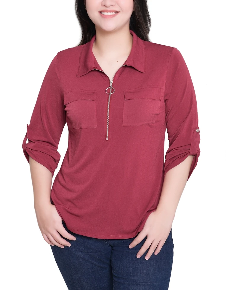 Ny Collection Women's 3/4 Roll Tab Zip Front Top
