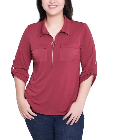Ny Collection Women's 3/4 Roll Tab Zip Front Top