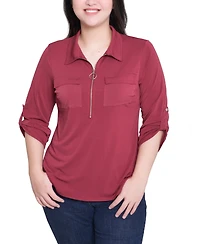Ny Collection Women's 3/4 Roll Tab Zip Front Top