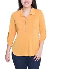 Ny Collection Women's 3/4 Roll Tab Zip Front Top