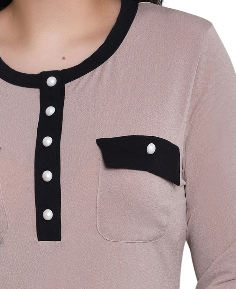 Ny Collection Women's Long Sleeve Contrast Detail Top