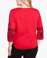 Alfred Dunner Jet Setter Knit Embroidered Sleeve Beaded Split Neck Top
