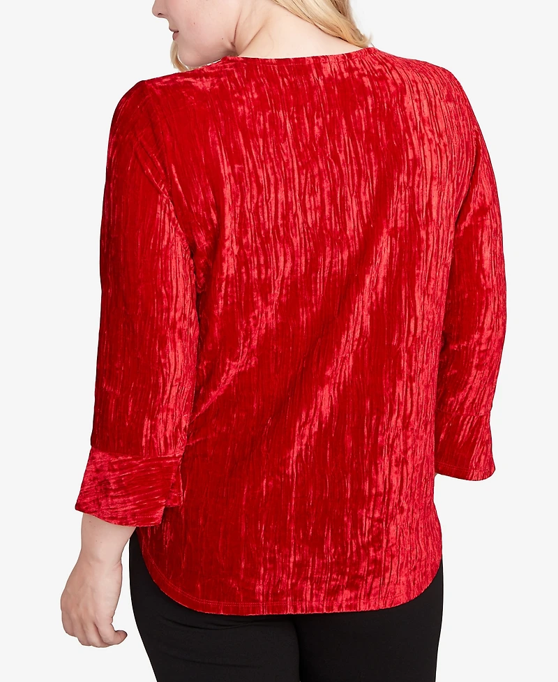 Alfred Dunner Jet Setter Crushed Velvet Henley Tie Sleeve Top