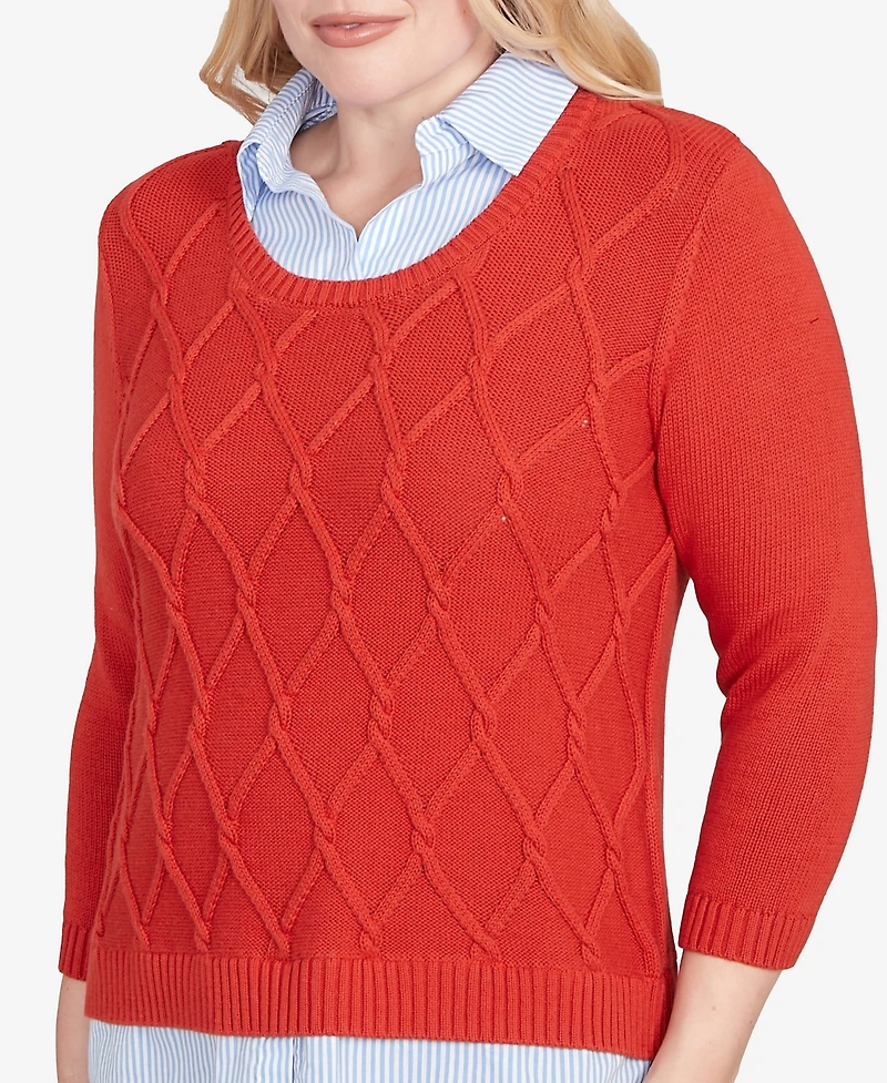 Alfred Dunner Sunset Canyon Stitched Cable Stripe Woven Trim Sweater