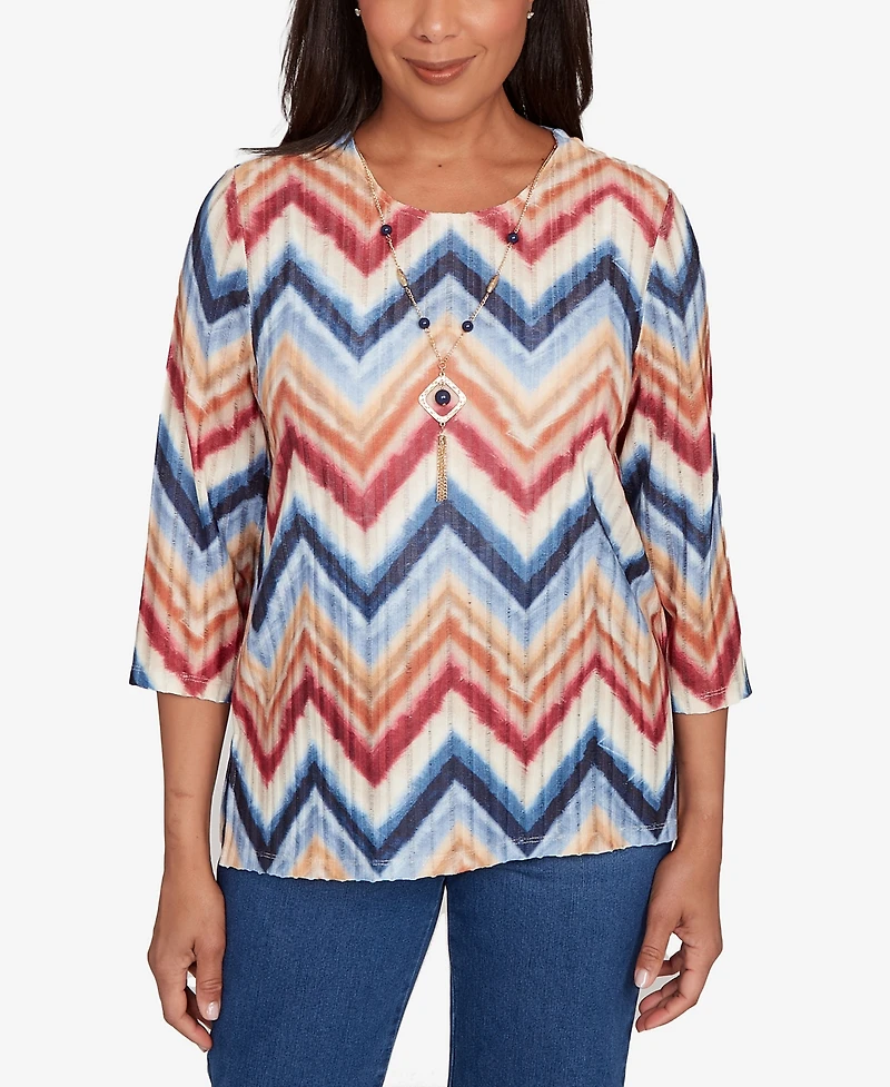 Alfred Dunner Sunset Canyon Textured Knit Chevron Top With Necklace