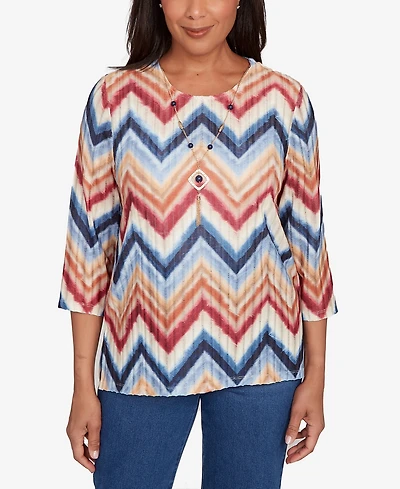 Alfred Dunner Sunset Canyon Textured Knit Chevron Top With Necklace