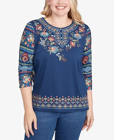 Alfred Dunner Sunset Canyon Printed Sleeve Floral Embroidered Top