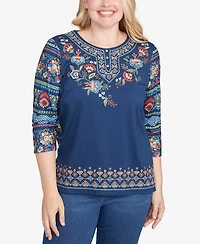 Alfred Dunner Sunset Canyon Printed Sleeve Floral Embroidered Top