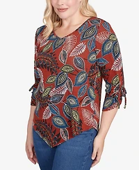 Alfred Dunner Sunset Canyon Batik Leaves Melange Asymmetrical Top