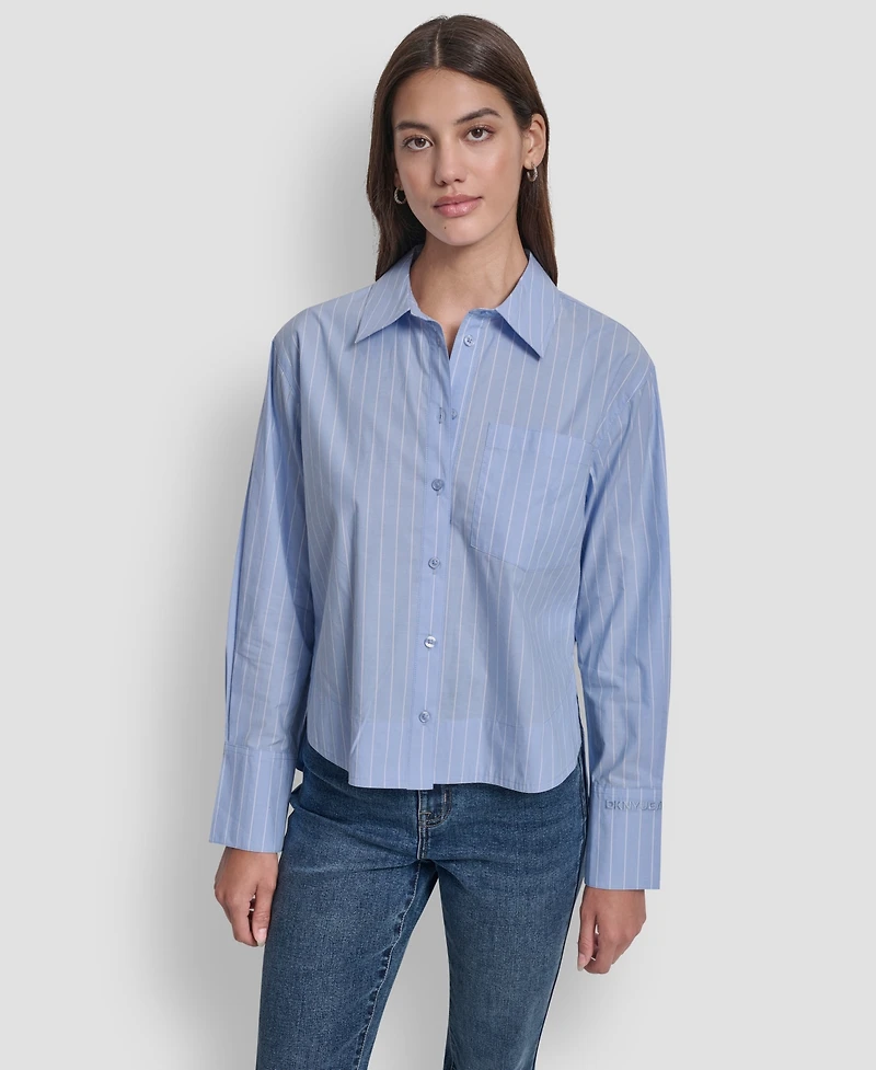 Dkny Jeans Women's Cropped Long Sleeve Button Front Shirt