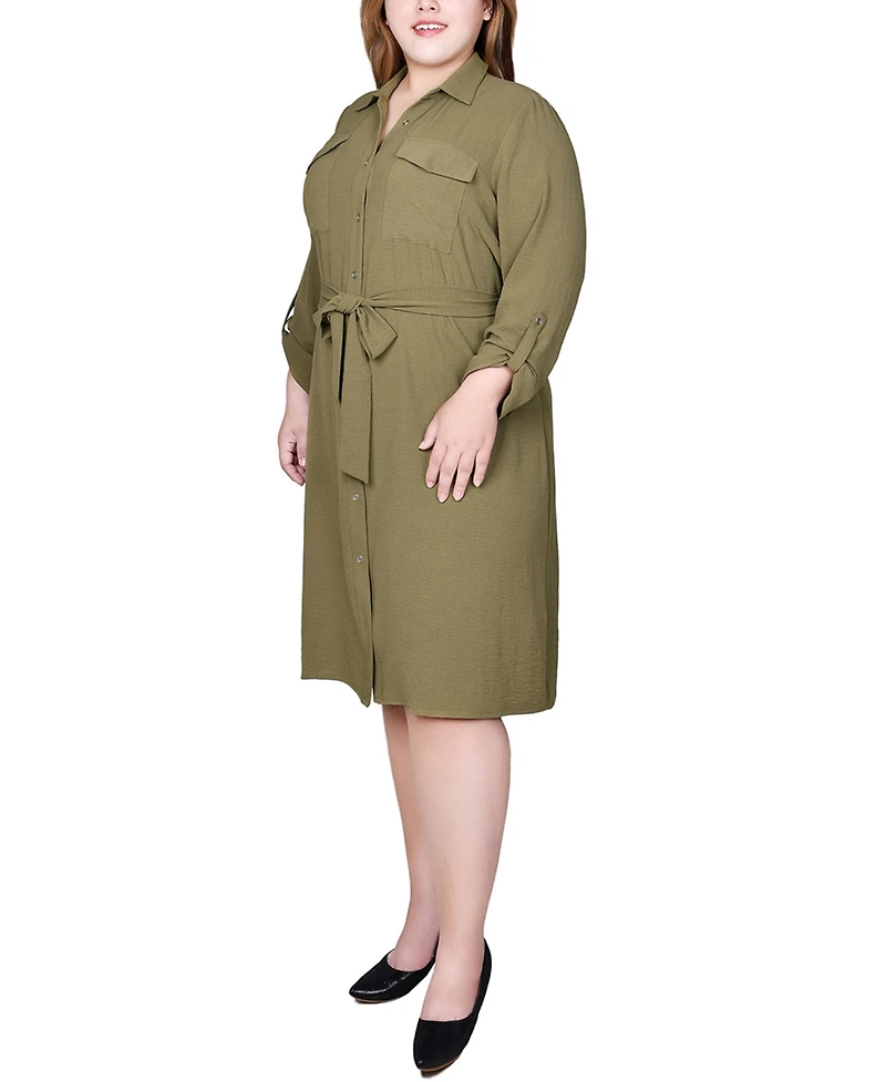 Ny Collection Plus Long Roll Tab Sleeve Shirt Dress