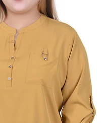 Ny Collection Plus 3/4 Tabbed Sleeve Y Neck Top