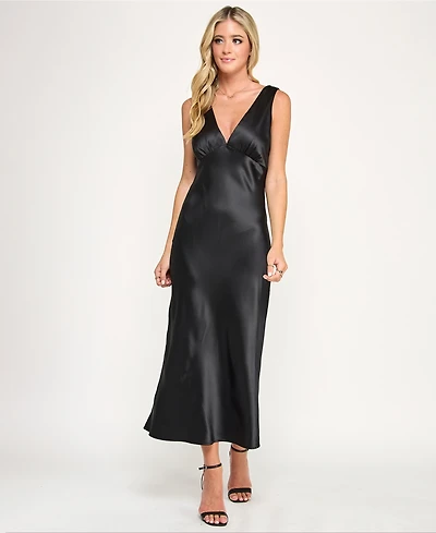 Emerald Sundae Juniors' V-Neck A-Line Satin Midi Dress