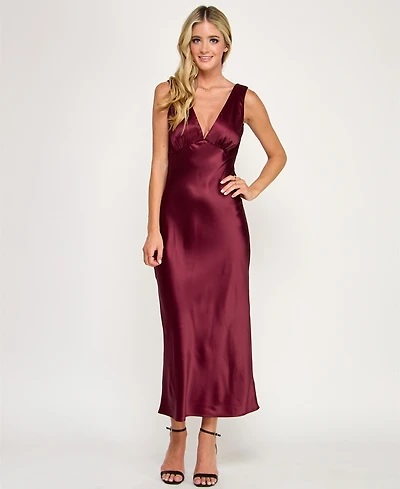 Emerald Sundae Juniors' V-Neck A-Line Satin Midi Dress