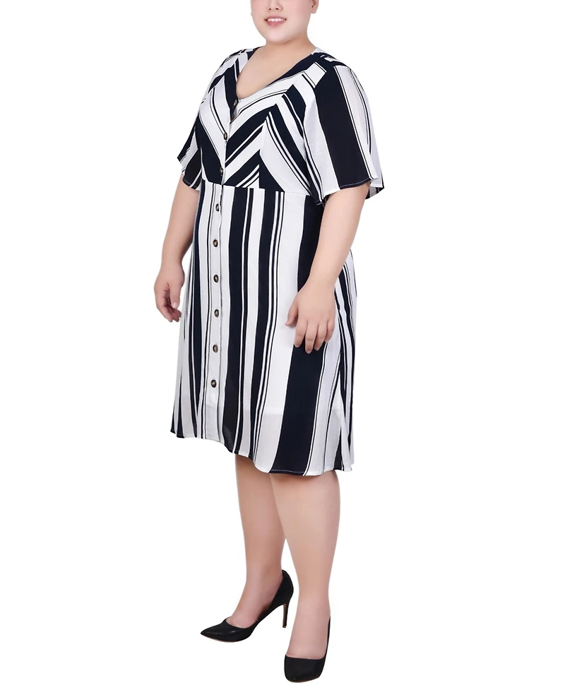 Ny Collection Plus Elbow Sleeve Button Front Dress