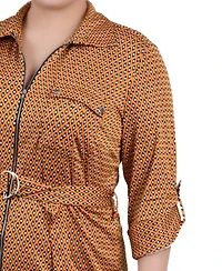 Ny Collection Plus Belted Roll Tab Zip Front Shirtdress