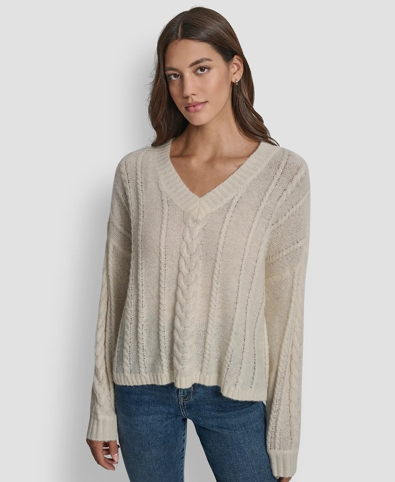 Dkny Jeans Women's V-Neck Cable-Knit Sweater