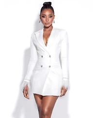 Miss Circle Women Quilla White Feather Crystal Sleeve Backless Blazer Dress