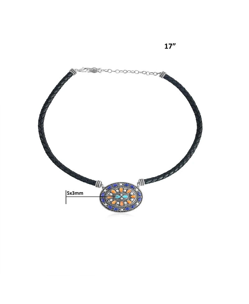 American West Jewelry Sterling Silver Multi-Gemstone Oval Pendant Black Leather Necklace, 17 to 20 Inches