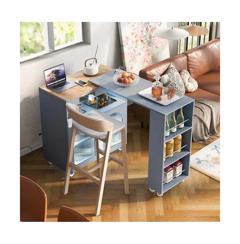 Maison Boucle Rolling Kitchen Island with Extendable Table, Led Lights, Outlet, Fluted Glass Doors & Shelves-Maison
