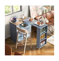Maison Boucle Rolling Kitchen Island with Extendable Table, Led Lights, Outlet, Fluted Glass Doors & Shelves-Maison
