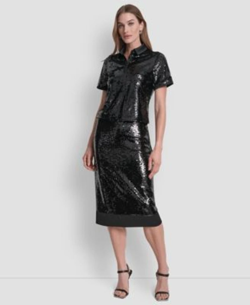 Dkny Womens Sequin Detail Collared Top Sequin Detail Skirt