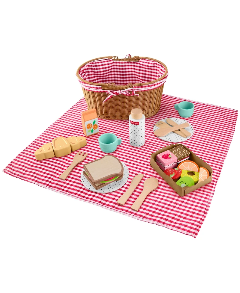 Fisher Price Wooden Picnic Basket and Food Pretend Play Set, 31 Wood Pieces