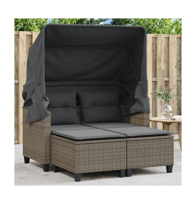 vidaXL Patio Sofa 2-Seater with Canopy and Stools Gray Poly Rattan