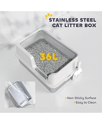 PawHut Stainless Steel Litter Box, Enclosed Cat Litter Box, Light