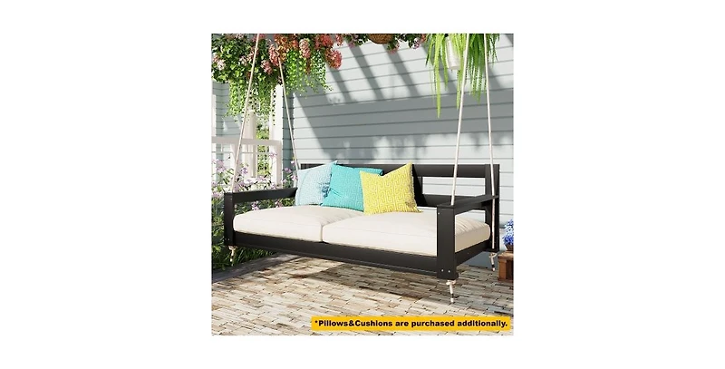 Flynama Topmax Acacia Wood Twin Size Porch Swing Daybed with Hanging Ropes