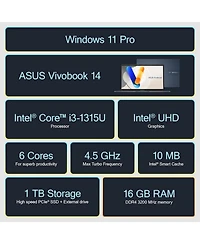 Kuu Vivobook Laptop 2025 Ultra Portable Business Computer, 14" Fhd Display, 16GB Ram, 1TB Storage (512GB Ssd + 500GB Ext), 6-Core Intel i3-1315U,