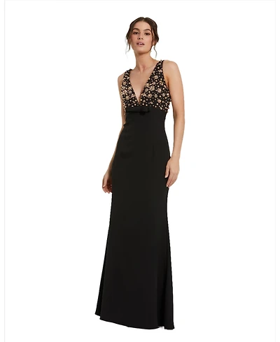 Mac Duggal Women's Crepe Sleeveless Beaded V Neck Gown With Bow