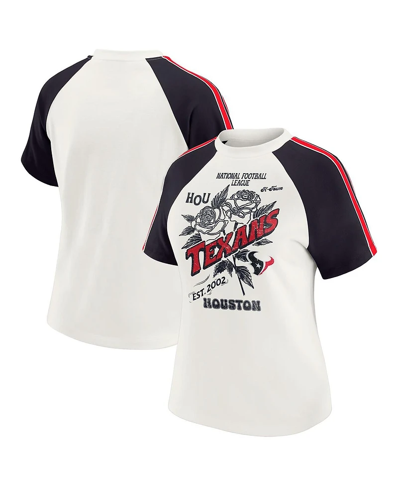 Wear by Erin Andrews Women's White Houston Texans Sleeve Stripe Distressed Raglan T-Shirt
