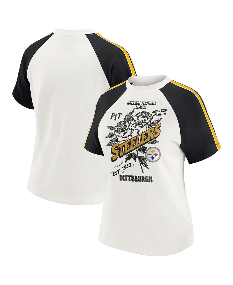 Wear by Erin Andrews Women's White Pittsburgh Steelers Sleeve Stripe Distressed Raglan T-Shirt