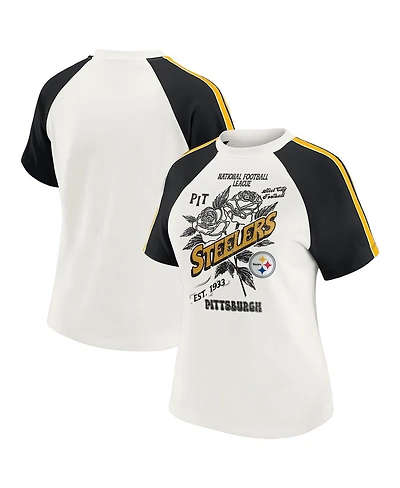 Wear by Erin Andrews Women's White Pittsburgh Steelers Sleeve Stripe Distressed Raglan T-Shirt
