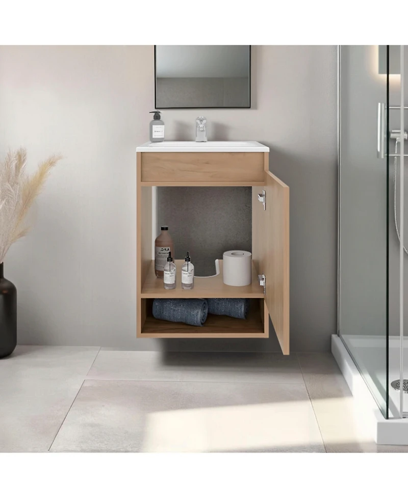 Fm Furniture Wright Wall-Mounted Bathroom Vanity with Sink, 2 Doors, Open Shelf, Integrated Basin, Natural Oak