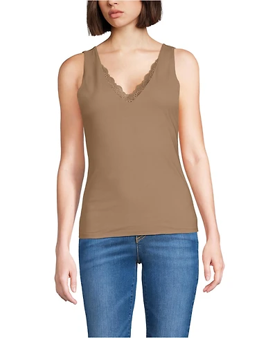 Lands' End Women's Tugless Double Layer Lace V-Neck Tank Top