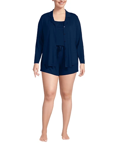 Lands' End Plus Cooling 3 Piece Pajama Set - Long Sleeve Top Cami and Shorts