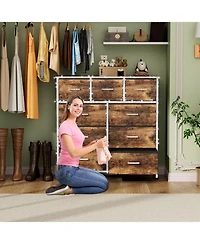 Mr Ironstone 9 Drawer Dresser for Bedroom, Storage Organizer with 12 Drawers, Chest of Drawers with Fabric Bins, Sturdy Metal Frame, Wood Tabletop for