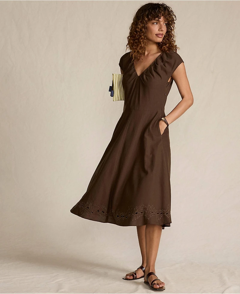 Lands' End Women's Cotton Blend Short Sleeve Midi Dress with Cutwork