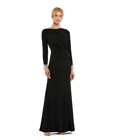 Mac Duggal Women'sLong Sleeve Jersey Gown With Beaded Cuff Sleeves
