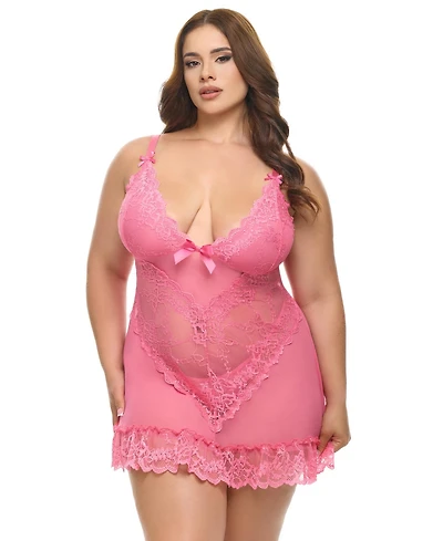 Oh La Cheri Plus Valentine Soft Cup Lace Babydoll with Bows and G-string Panty