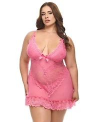 Oh La Cheri Plus Valentine Soft Cup Lace Babydoll with Bows and G-string Panty