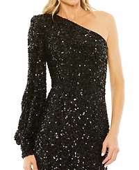 Mac Duggal Women's Sequined One Shoulder Bishop Sleeve Trumpet Gown