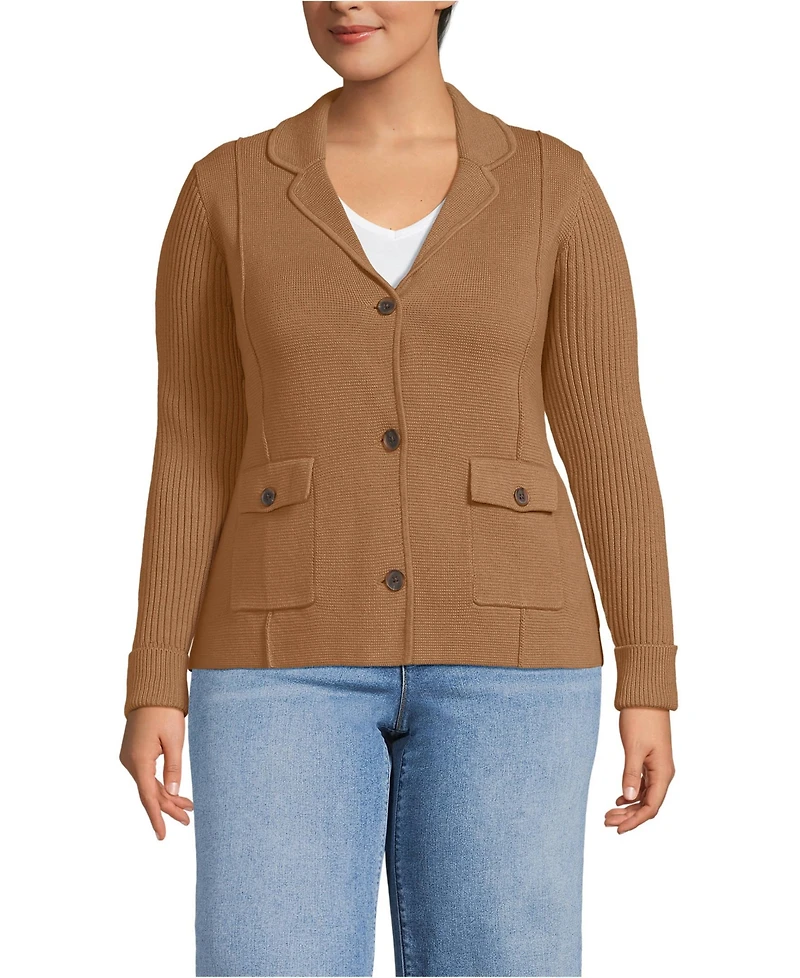 Lands' End Women's Plus Drifter Ribbed Collared Blazer Sweater